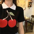Cherry Short-sleeve Knit Top Black - One Size