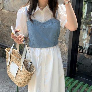 Short-sleeve Plain Dress / Denim Camisole Top