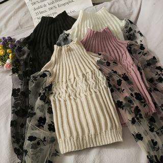 Mock-neck Color-block Mesh Knit Top