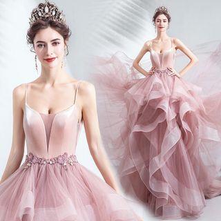 Spaghetti-strap Floral Embroidered A-line Evening Gown
