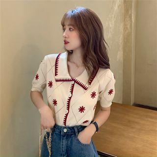 Collared Short-sleeve Cropped Knit Cardigan / Denim Midi Straight-fit Skirt