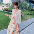 Spaghetti Strap Floral Print Midi Dress / Open Front Jacket