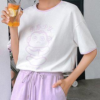 Contrast-trim Monkey Print Short-sleeve Tee White - One Size