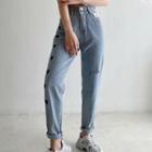 Heart Embroidered Distressed Straight-fit Jeans