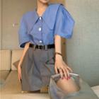 Puff-sleeve Wide Collar Blouse / Mini A-line Skirt