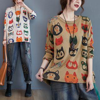 Cat Print Knit Top
