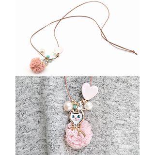 Heart & Cat Pendant Long String Necklace