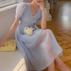 Puff-sleeve Frog Buttoned Wrap Midi A-line Dress