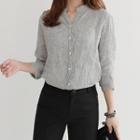 Mandarin-collar Linen Stripe Shirt
