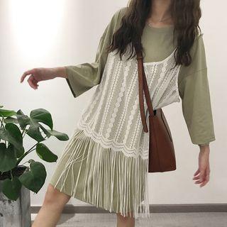 Set: 3/4-sleeve T-shirt Dress + Lace Strappy Dress