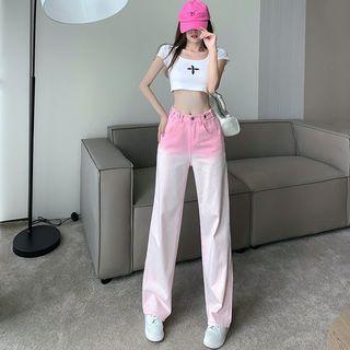 Gradient High Waist Wide Leg Jeans / Short-sleeve Cropped T-shirt