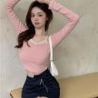 Long-sleeve Mock Two-piece T-shirt / Plaid Mini Pencil Skirt