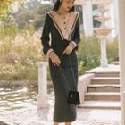 Long-sleeve Collar Midi Sheath Knit Dress