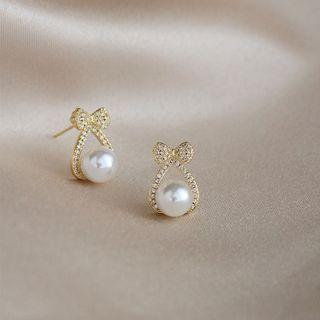Bow Rhinestone Faux Pearl Sterling Silver Earring 1 Pr - Gold - One Size