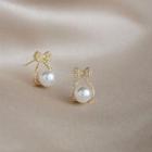 Bow Rhinestone Faux Pearl Sterling Silver Earring 1 Pr - Gold - One Size