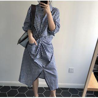 Collared Long Sleeve Plaid Dress Blue - One Size