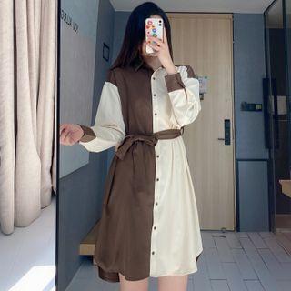 Long-sleeve Color Block Elastic-waist Shirt Dress