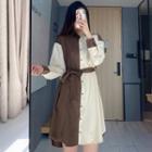 Long-sleeve Color Block Elastic-waist Shirt Dress