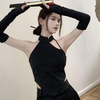 Set: Cut-out Cropped Halter Top + Arm Sleeves