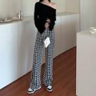 Long-sleeve Off-shoulder Top / Checkered Wide Leg Pants