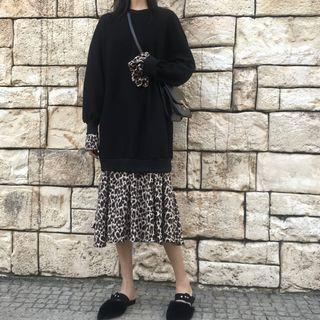 Leopard Print Panel Midi Pullover Dress