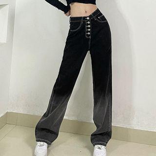 Washed Gradient Single Breasted Straight Leg Jeans