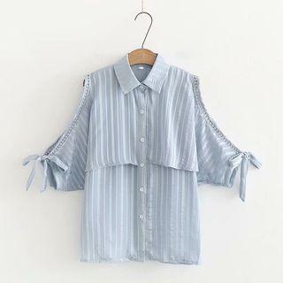 Lace Trim Slit-sleeve Striped Blouse Blue - One Size
