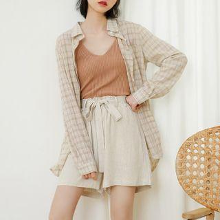 Plaid Shirt / High-waist Shorts / Camisole Top / Set