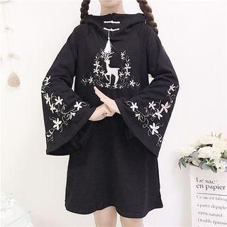 Bell-sleeve Deer Embroidered Hoodie Dress Black - One Size