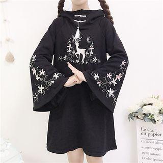 Bell-sleeve Deer Embroidered Hoodie Dress Black - One Size