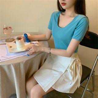 Short-sleeve Plain T-shirt / High-waist Asymmetric Drawstring Skirt