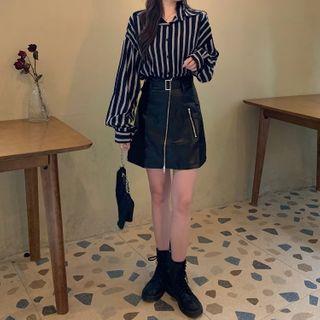 Striped Shirt / Faux Leather Shorts
