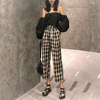 Off-shoulder Blouse / Plaid Cropped Straight-cut Pants