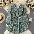 Floral Long-sleeve A-line Dress Floral - Green - One Size