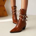 Pointed Croc Grain Block Heel Lace Up Short Boots