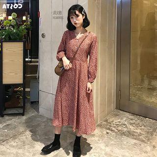 Floral Print Long-sleeve A-line Midi Chiffon Dress As Shown In Figure - One Size