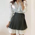Set: Plain V-neck Single-breasted Loose-fit Pleated Long-sleeve Dress + Striped High-waist Tie-back Pleated Skirt
