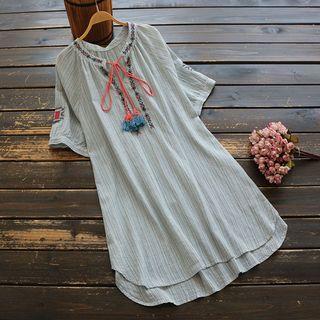Elbow-sleeve Embroidered Striped Tunic Dress