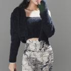 Set: Cropped Fluffy Cardigan + Camisole Top Black - One Size
