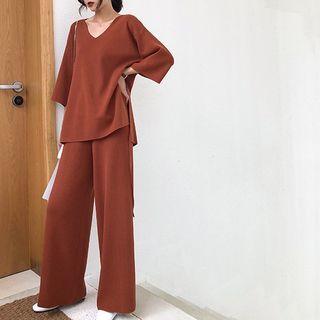 Set: Plain 3/4 Sleeve Knit Top + Wide Leg Pants