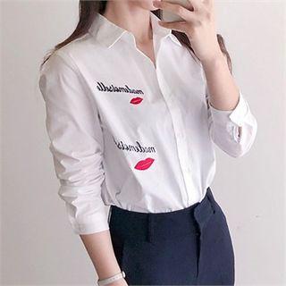 Lip Letter Embroidery Cotton Shirt