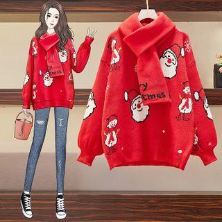 Set: Santa Claus Print Sweater + Scarf