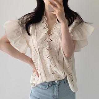 V-neck Ruffle Trim Embroidered Eyelet Blouse