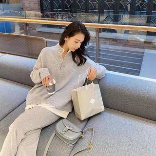 Set: Long-sleeve Plain Knit Top + High-waist Plain Knit Pants