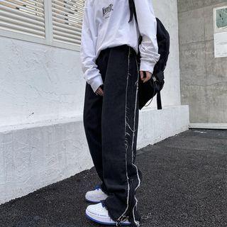 High-waist Striped Split Straight Leg Jeans