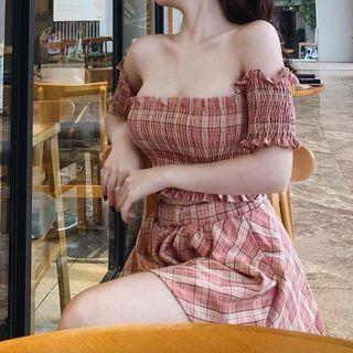 Set: Short-sleeve Off-shoulder Plaid Shirred Crop Top + Mini A-line Skirt