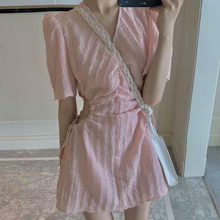 Short-sleeve V Neck Plain Open Waist Mini Dress