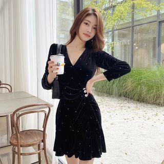 3/4-sleeve Glitter Mini Sheath Velvet Dress