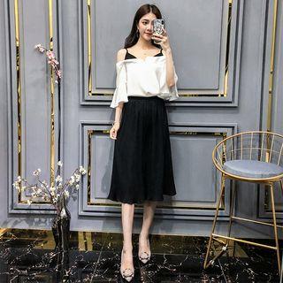 Set: Off-shoulder Elbow-sleeve Top + Cropped Wide-leg Pants