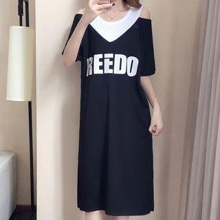 Lettering Cut Out Shoulder Elbow Sleeve Midi Dress
